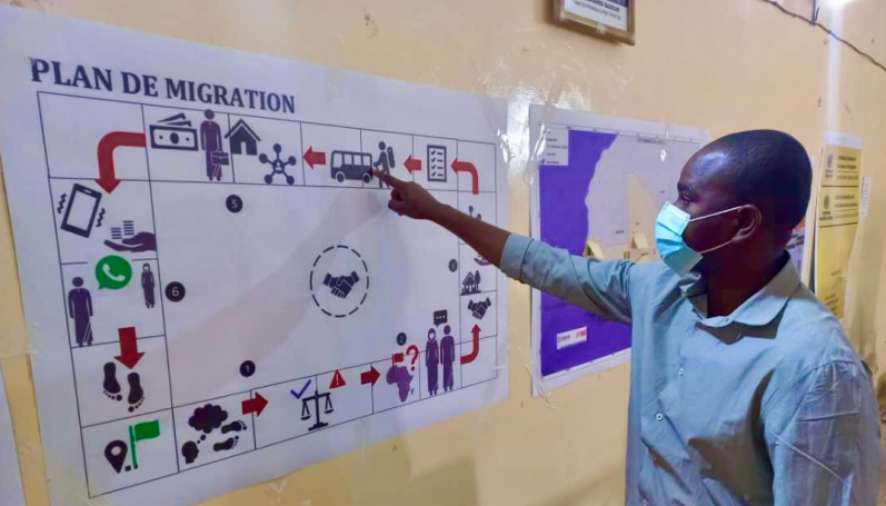 a Niger man in a surgical mask pointing to a migration plan diagram on the wall