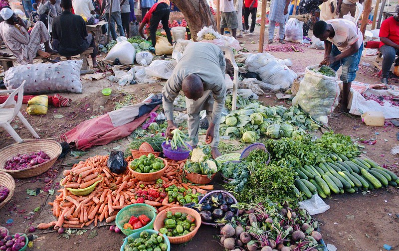 Nigerian farmer sorting through pile of vegetables